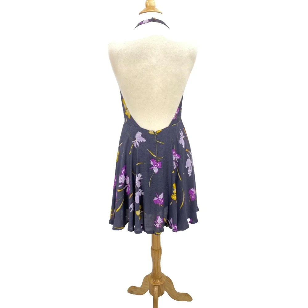 Free People Halter Swing Dress size 6 Gray Viscose Floral purple yellow - Picture 4 of 12